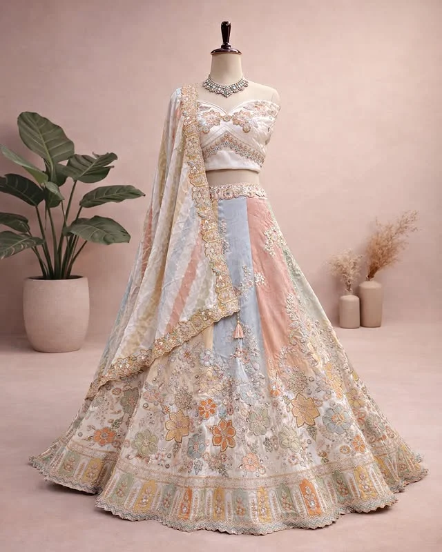 Ethereal Pastel Panelled Embroidered Lehenga