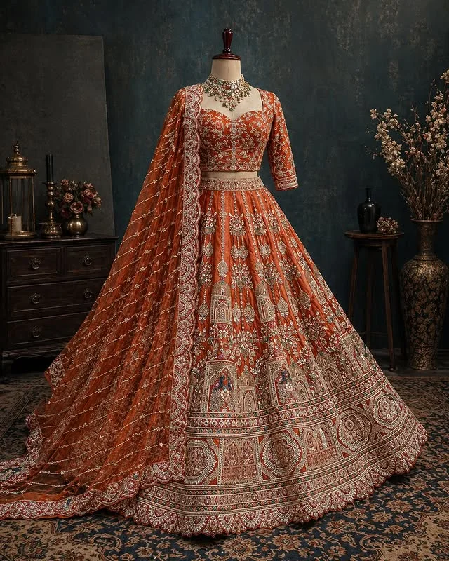 Royal Heritage Burnt Orange Zardozi Lehenga Set