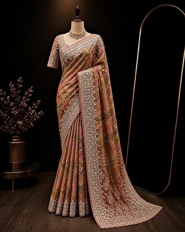 Vintage Rose Floral Organza Zardozi Saree